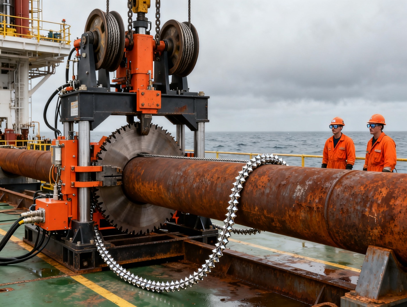 Diamond wire saw on an offshore platform caisson